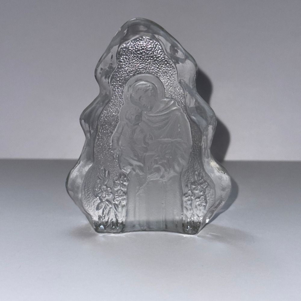 St.‎ Joseph and Baby Jesus 4" Clear Glass Frosted Embossed Religious Paperweight
